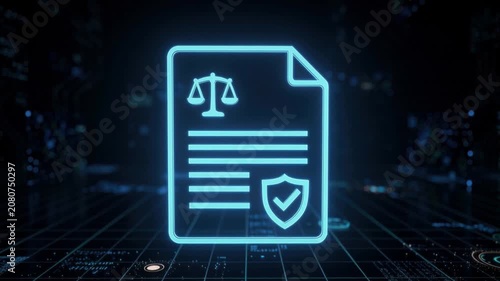 Glowing digital legal document icon with scales of justice and shield symbol on futuristic grid background