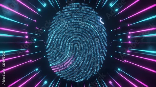 Futuristic digital fingerprint with glowing neon elements representing cybersecurity and technology concepts