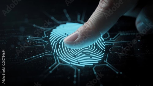 Closeup of a finger scanning a digital fingerprint for biometric security and identity verification technology