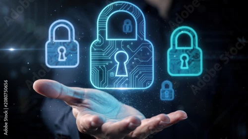 Cybersecurity concept with digital padlocks floating over open hand representing data protection and online security