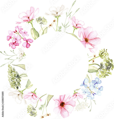 Round Watercolor Wildflower Floral Frame Wreath