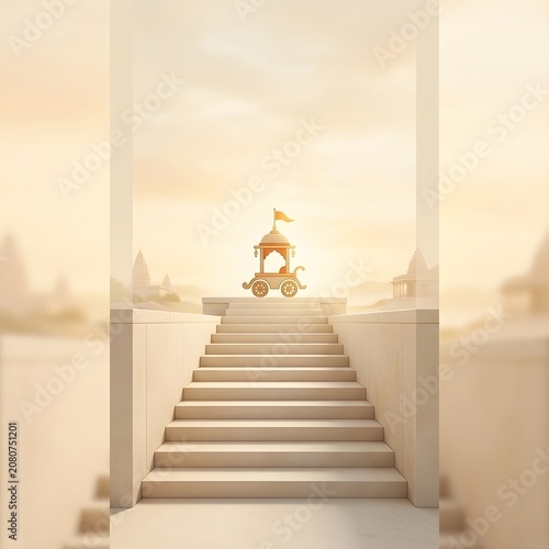 Golden chariot on stairs leading to bright sky with ancient buildings in distance.