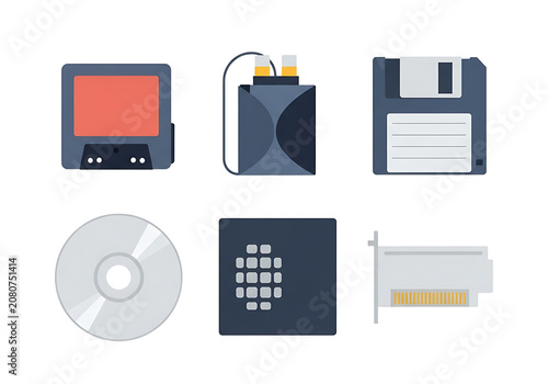 Retro Computer Hardware and Vintage Data Storage Vector Icon Set