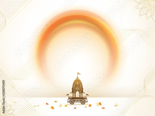 Silhouette of Indian chariot with sun glow and petal scattered background.