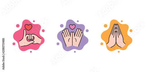Hand gesture icons. colorful doodle style featuring finger heart, hugging, gratitude, prayer, emoji, and expressive communication symbols.