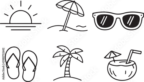 Foto Summer Vacation Icons Sun Umbrella Sunglasses Flip flops Palm Tree And Coconut D