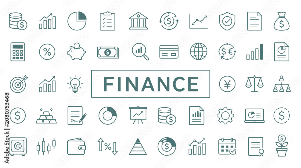 Fototapeta premium Finance Icons and Symbols Arranged in Grid