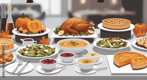 Tableau sur toile Abundant Thanksgiving dinner table feast with roasted turkey and pumpkin pies