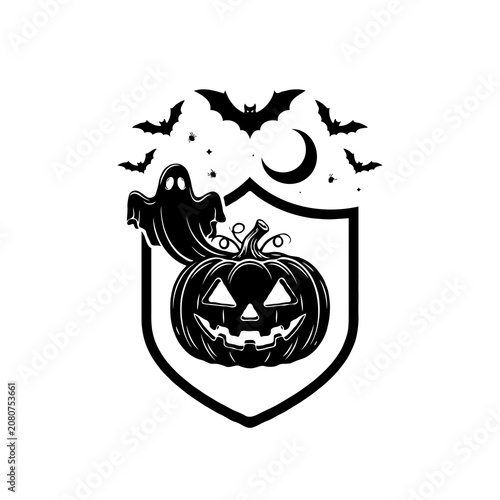 Black Silhouette Halloween Vector Illustration with Pumpkin Ghost and Bat Isolated on White Background
