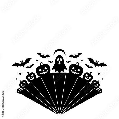 Black Silhouette Halloween Vector Illustration with Pumpkin Ghost and Bat Isolated on White Background