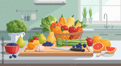 Fresh organic vegetables and fruits arranged on a wooden cutting board in a kitchen.
