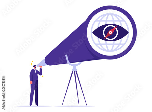 Business leadership and visionary to lead company success concept, businessman with telescope vision, see the big picture. Symbol leadership, strategy, mission, objectives