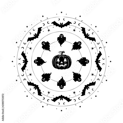 Black Silhouette Halloween Vector Illustration with Pumpkin Ghost and Bat Isolated on White Background