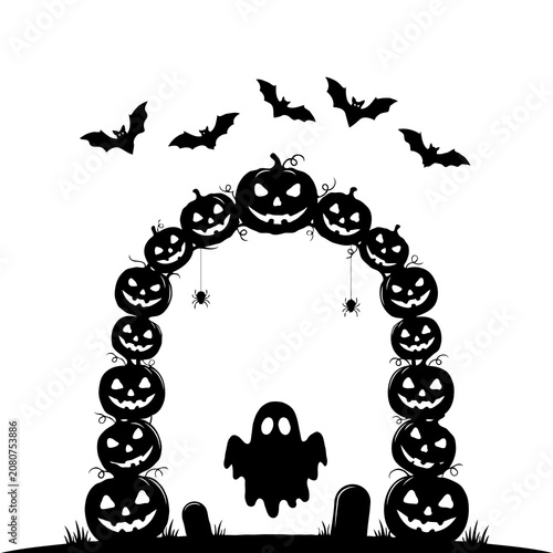Black Silhouette Halloween Vector Illustration with Pumpkin Ghost and Bat Isolated on White Background