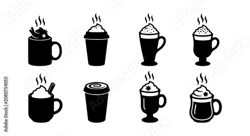 Hot Coffee Drinks Icons, Steaming Beverage Cups, Cafe Menu Graphics, 8 Vector Elements