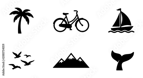 Summer Vacation Icons: Palm Tree, Bicycle, Sailboat, Birds, Mountains, Whale Tail