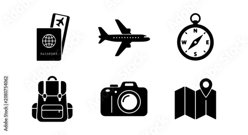 Travel Icons Set: Passport, Airplane, Compass, Backpack, Camera, Map, Vector Graphics