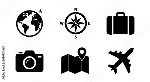 Travel Icons Set: Globe, Compass, Suitcase, Camera, Map, Airplane, Vector Graphics