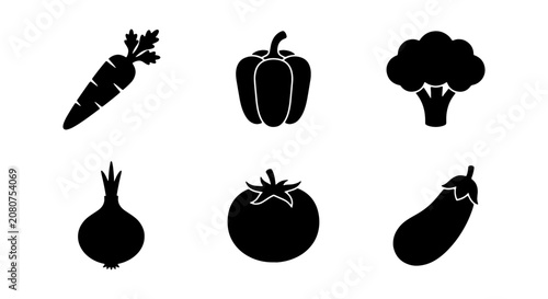Set of 6 Black Vegetable Icons: Carrot, Bell Pepper, Broccoli, Onion, Tomato, Eggplant