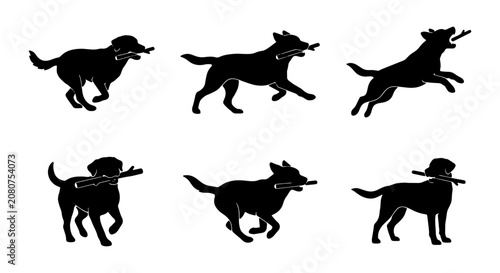 Black Labrador Dog Silhouette Set, Fetching Stick, Running, Jumping, Walking Poses, Vector Art