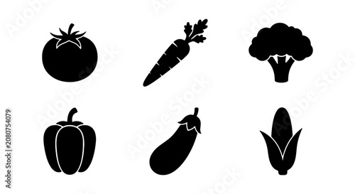 Black Vegetable Icons Set: Tomato, Carrot, Broccoli, Bell Pepper, Eggplant, Corn, Healthy Food Graphics