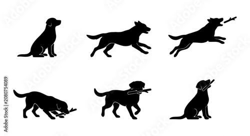 Labrador Dog Silhouettes, Playful Poses, Vector Set, Canine Actions, Black & White