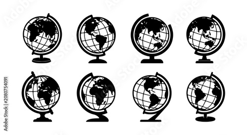 Eight Globe Icons, World Map Vector Set, Earth Sphere Illustrations, Global Navigation Graphics