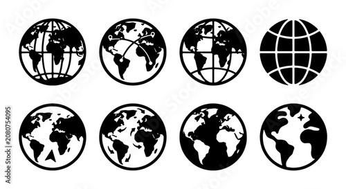 Global Earth Icons, World Map Graphics, Planet Globe Symbols, Set of 8 Vector Illustrations