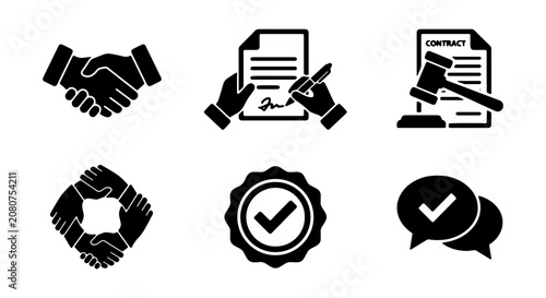 Business Agreement Icons, Partnership, Legal Contract, Quality Seal, Negotiation, Teamwork Vector Set