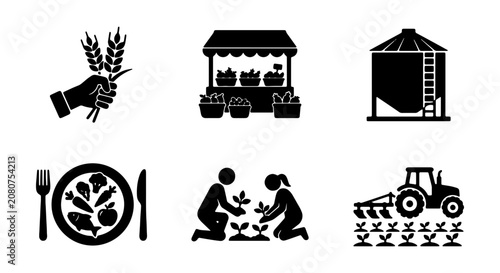 Farming Icons Set: Agriculture, Harvest, Market, Food, Planting, Tractor, Silo