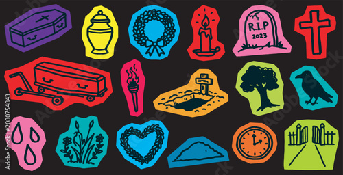 Konstfotografi Colorful funeral and mourning related icons on a dark background, including coffin, urn, wreath, candle, tombstone, cross, grave, tree, crow, tears, flowers, heart, mound, clock, and gates