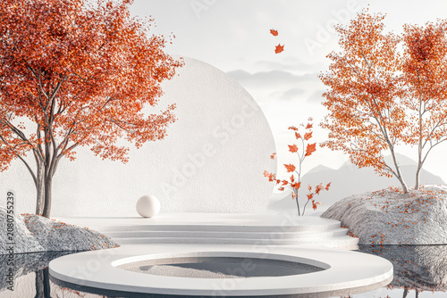 Autumn Trees with Red Leaves in Minimalist Landscape