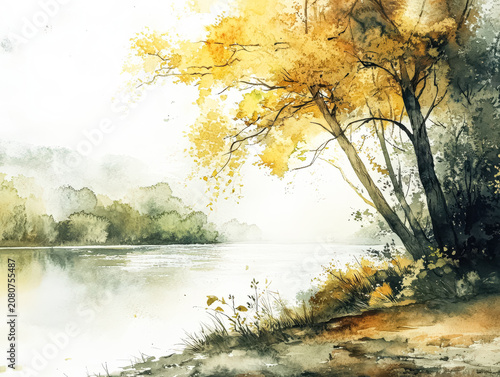 Autumn Landscape with Trees by a River in Watercolor Style