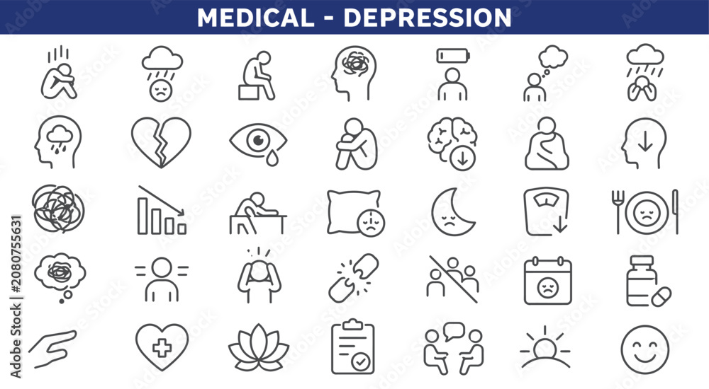Fototapeta premium Mental health depression symptoms and psychology line icons.