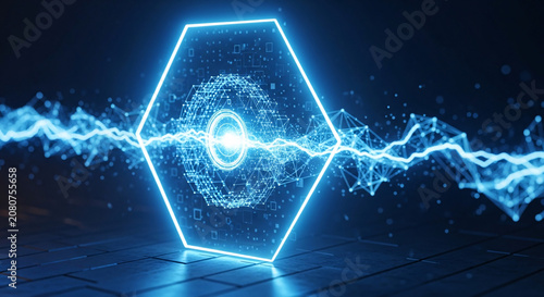 Glowing blue hexagon with swirling particles and electric-like lines on a dark background with a tiled floor.