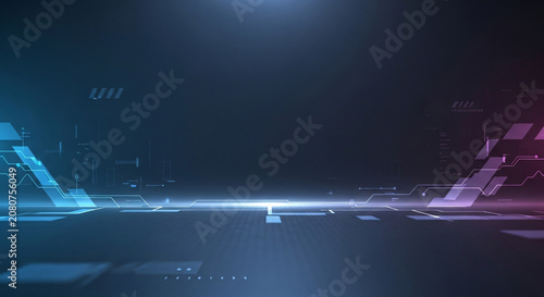 A futuristic digital landscape with neon blue and pink lights against a dark background, featuring geometric shapes and lines in a cinematic visual style with a vibrant and technological