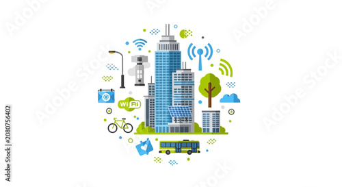 Smart City Concept Illustration with IoT Connectivity Icons, Sustainable Urban Development, Green Energy Infrastructure and Modern Technology Flat Vector