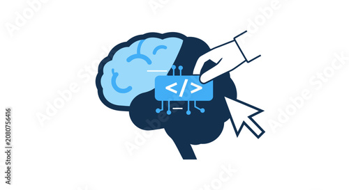 AI Artificial Intelligence and Programming Concept Icon with Human Hand Modifying Digital Brain with Code Chip and Mouse Cursor