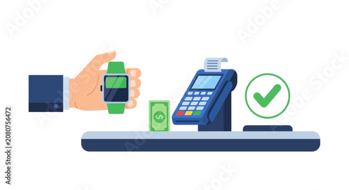 Contactless Payment Illustration with Smartwatch at POS Terminal, NFC Technology and Digital Transaction Concept
