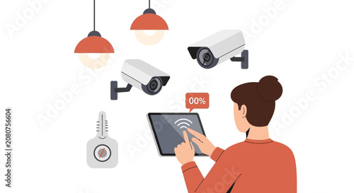 Woman Using Tablet to Control Smart Home Devices including Security Cameras, Lighting, and Thermostat