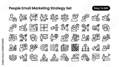 People and email marketing strategy set with various icons depicting business communication and technology  Easy to edit vector graphics for digital marketing and social media campaigns
