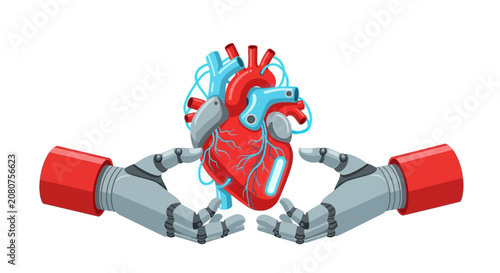 Bionic Human Heart Held by Robotic Hands, Futuristic Cardiac Care and Artificial Intelligence in Medicine Illustration