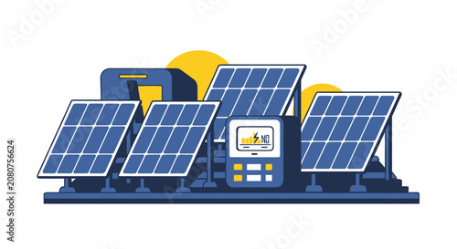 Solar Energy System Illustration with Photovoltaic Panels and Power Inverter for Clean Renewable Energy Concept
