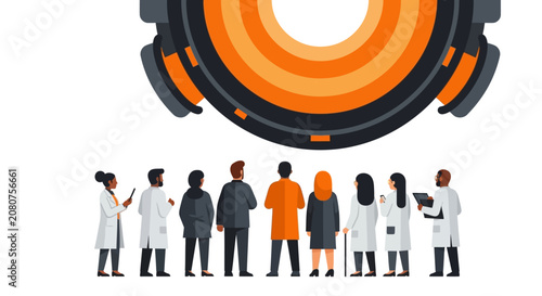 Diverse Team of Scientists and Professionals Collaborating on Industrial Innovation and Advanced Technology Project Vector Illustration