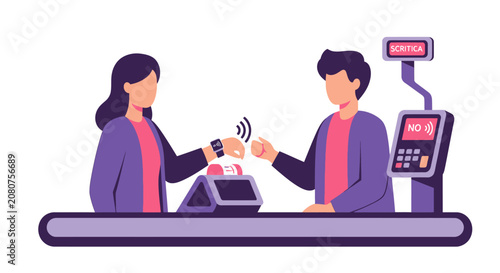 Contactless Payment with Smartwatch at Grocery Store Checkout Counter, Modern Flat Vector Illustration of NFC Technology in Retail