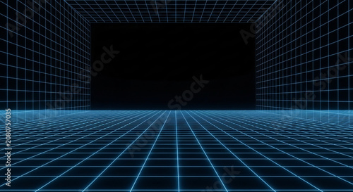 Neon blue grid lines converge to a large black rectangle in a dark futuristic digital space with a grid pattern background.