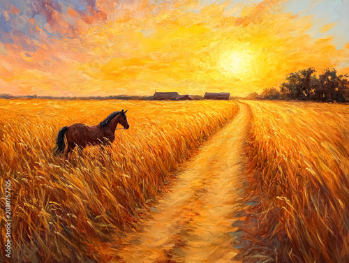 Horse in Golden Wheat Field at Sunset with Dramatic Sky
