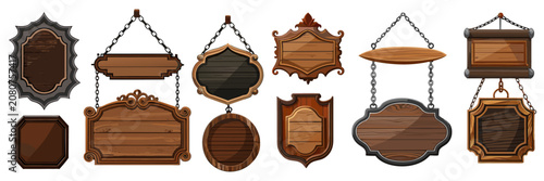 A set of medieval fantasy dark wooden hanging signs and UI plaques adorned with metallic brackets, chains, and ornate frames.