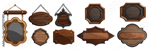 A premium collection of dark wood game UI assets and hanging signs with detailed gold, steel, and iron decorative borders.