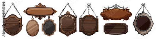 A collection of ornate, dark wood hanging plaques and signs featuring classic medieval or Victorian-style borders.